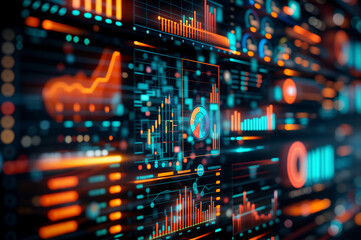 Obraz premium A digital audio waveform displayed across a sleek, modern interface with vibrant colors against a dark background, representing digital audio production