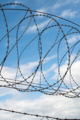 Barbed wire fence. Razor wire. Restricted area. Airport protection.
