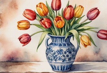 illustration of a vase filled with tulips in watercolor.