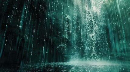 Binary code waterfall cascading into digital abyss