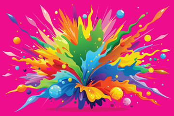 colorful rainbow holi paint color powder explosion vector, isolated wide hot pink panorama background
