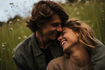 Fototapeta premium Aesthetic couple laughing outdoors bonding