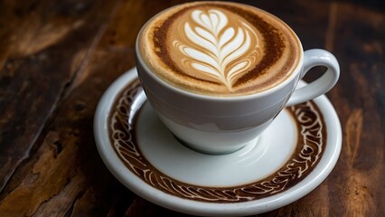 Coffee cup with latte art on wooden table, stock photo