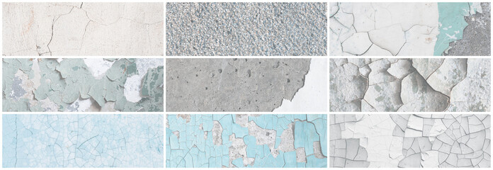 Set of panoramic background textures. Collection of wide textures with peeling paint, cracks, rust,...