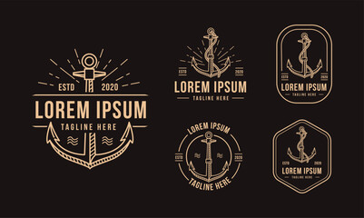 Modern vintage retro line art anchor logo set illustration template on dark background