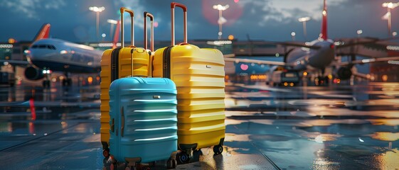 Two yellow and blue travel suitcases on wheels against an airport backdrop with planes. Soft lighting, photorealistic, cinematic ambiance. - obrazy, fototapety, plakaty