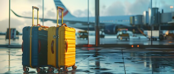 Yellow and blue travel suitcases on wheels positioned in front of an airport with planes visible behind. Soft lighting, photorealistic, cinematic vibes.