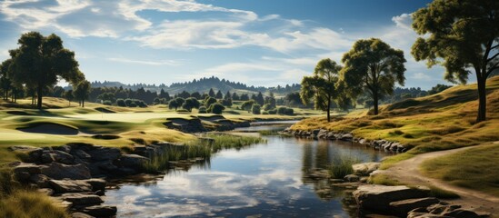 Panoramic view of a beautiful golf course with trees and lake - obrazy, fototapety, plakaty