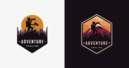 Badge emblem Man on the peak Nature outdoor adventure logo vector illustration on white background