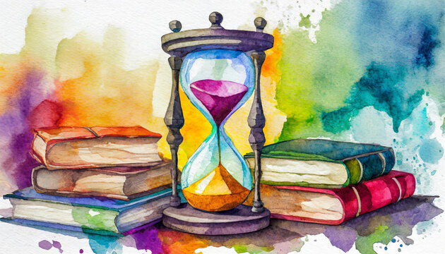 hourglass, book, antique, colorful, picture, painting, watercolor, illustration, art