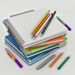 3D Render of a stack of spiral-bound notebooks with pens and pencils scattered nearby, on isolated white background, Generative AI