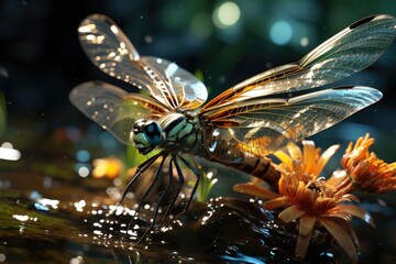 A dragonfly hovers near a flower. - obrazy, fototapety, plakaty