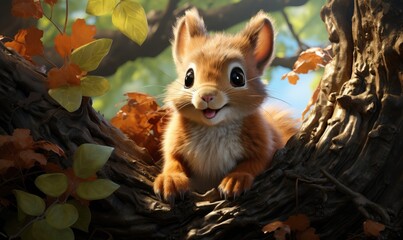A cute squirrel sitting on a tree branch, looking at the camera with a happy expression on its face. The squirrel is surrounded by green and orange leaves. - obrazy, fototapety, plakaty