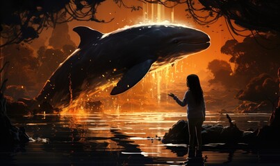 A girl standing on a rock in a lake reaches out to touch a whale jumping out of the water in front of her. The sky is orange and the water is calm. - obrazy, fototapety, plakaty