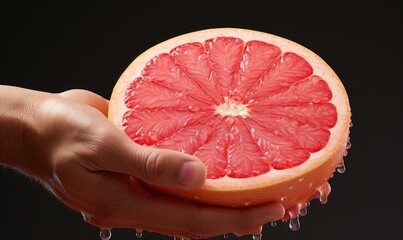 A hand holding a dripping half of a grapefruit