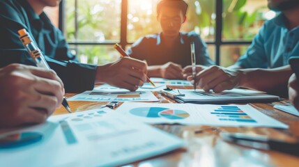 Around the conference table, people discussing business plan analyze data and strategize, their collective expertise shaping a roadmap for success.