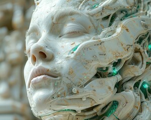 A highly detailed portrait of a beautiful woman's face. The woman is made of marble and has glowing green veins. - obrazy, fototapety, plakaty