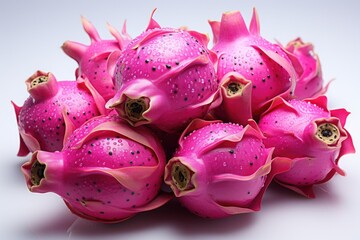 A pile of pink dragon fruits on a white background.