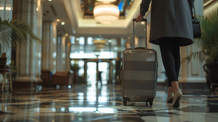A woman in a gray coat and black high heels walks through a fancy hotel lobby pulling a gray suitcase behind her.