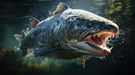 A realistic painting of a very large fish with sharp teeth swimming towards the viewer with its mouth wide open. - obrazy, fototapety, plakaty