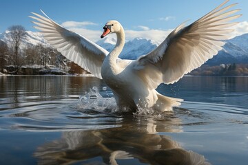 A swan gracefully glides across the water, its wings outstretched as it takes flight. - obrazy, fototapety, plakaty