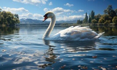 A swan gracefully glides across a still lake against a backdrop of snow-capped mountains. - obrazy, fototapety, plakaty