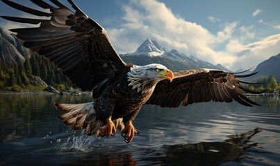 An eagle flies over a lake with a mountain in the background - obrazy, fototapety, plakaty