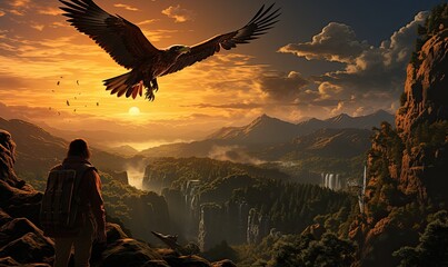 An epic fantasy landscape painting of a man standing on a cliff overlooking a valley with an eagle flying overhead. - obrazy, fototapety, plakaty