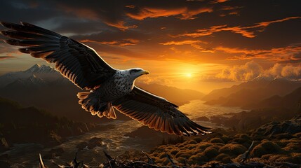 An eagle soars above the mountains at sunset. - obrazy, fototapety, plakaty