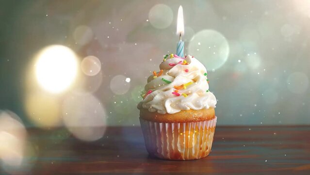 simple birthday cupcake with vanilla cream and blurred background. seamless looping overlay 4k virtual video animation background