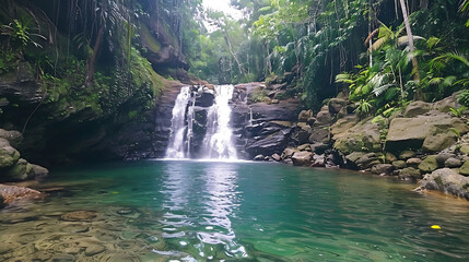 a serene waterfall cascading over a large gray rock, surrounded by lush greenery and under a clear