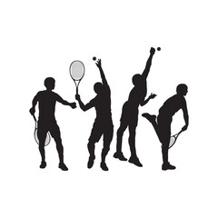 Black silhouettes of tennis players on a white background