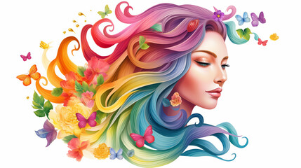 A surreal portrait of a woman with flowing rainbow-colored hair adorned with vibrant flowers and fluttering butterflies, embodying spring and renewal.
