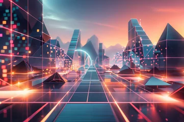 Foto op Canvas A virtual reality landscape with surreal geometric shapes and glowing pathways, representing digital innovation and virtual environments © yuz