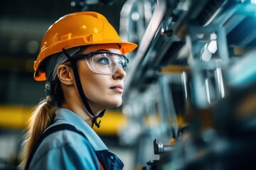 Female technician hardhat manufacturing helmet
