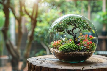 Ball Glass Terrarium with Nature background