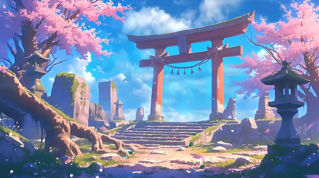 Japanese torii Gates amongst Cherry Blossom Trees. Ancient concept, anime illustration style, looping 4k video animation background