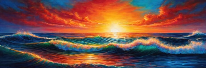 Fototapeta premium Paint an artwork that represents the transition from a calm ocean to a fiery sunset sky using fluid dynamics. Capture the serene blues of the water merging into the warm oranges and reds of the sunset