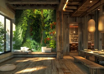 House Interior With Wooden Green Plants Wall