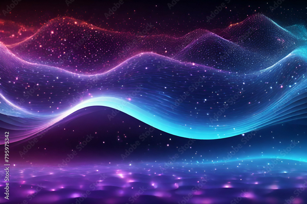 Wall mural wave particles background 3d illuminated digital wave of glowing particles. futuristic and technolog