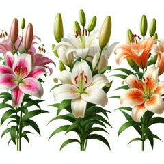 Fototapeta premium Three separate bunches of lilies against a white background. The first bunch on the left consists of pink lilies with white tips and dark pink spots, surrounded by green leaves and unopened buds