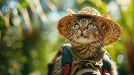 A cat in a straw hat with a backpack in the forest.