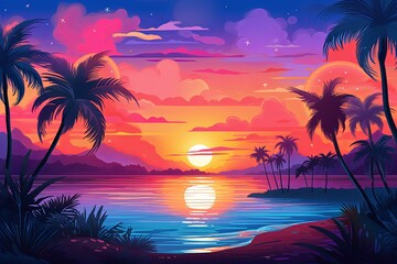 Fototapeta na wymiar Tropical Island Sunset Gradients: Ocean Horizon Evening Spectrum