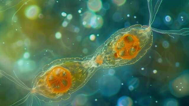 A microscopic image of a ciliate undergoing binary fission splitting into two identical daughter cells depicting the fascinating process . AI generation.