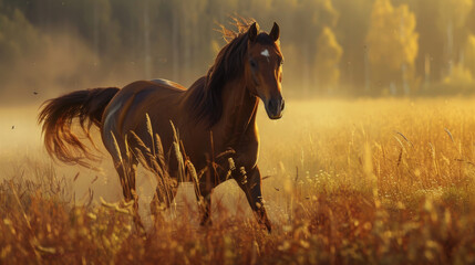 A majestic horse gallops through a golden sunrise-lit meadow