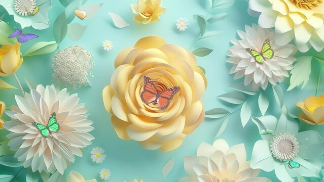 render mint blue yellow paper flowers botanical. seamless looping overlay 4k virtual video animation background