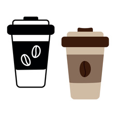 Outline drawing and colorful disposable take away cups with lid and coffee bean on label Set of 2