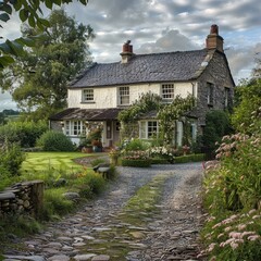 Fototapeta na wymiar b'A charming stone cottage nestled in the countryside with beautiful flowers'