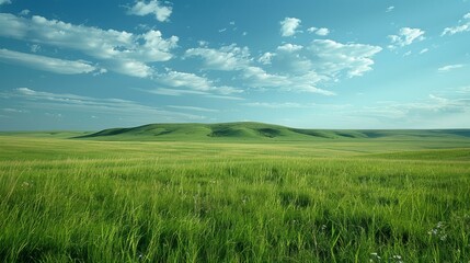 Fototapeta premium b'Green rolling hills under a blue sky with white clouds'