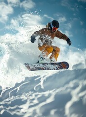 b'Man in orange pants snowboarding down a snowy mountain'